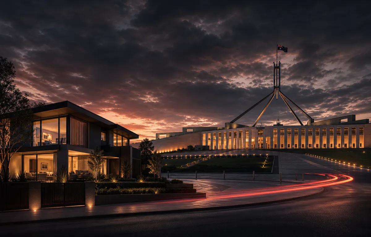 Dramatic Australian property and civic skyline for 1 July 2027 CGT deadline awareness
